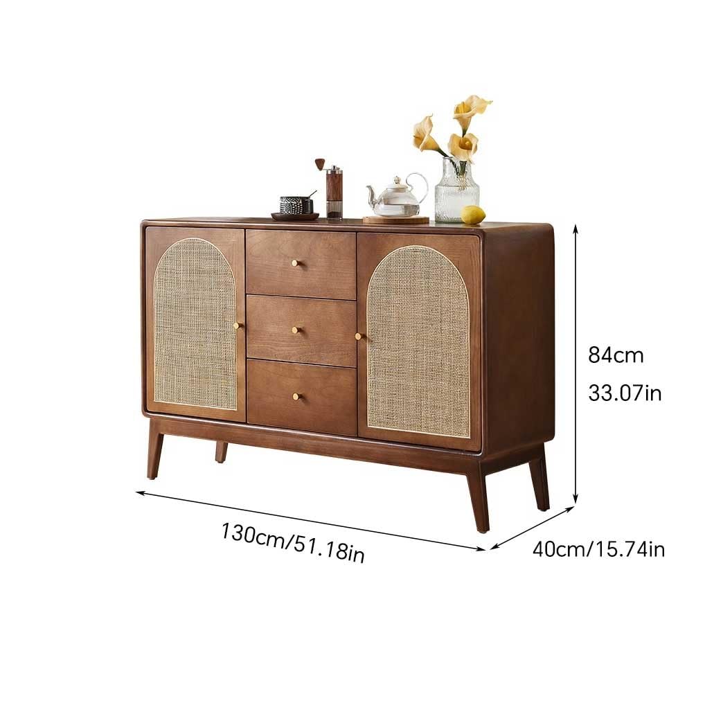 Wood and Rattan Sideboard, 130 x 40 x 84 cm