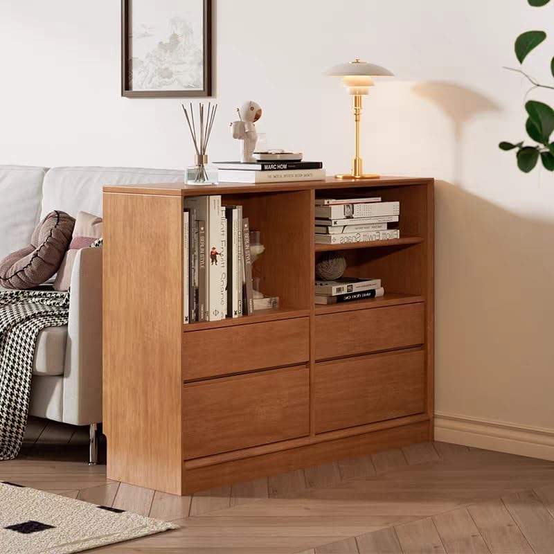 Wooden Storage Cabinet with Drawers and Open Compartments