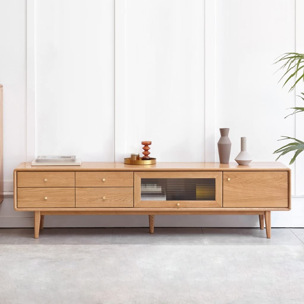 Oak Media Console with Drawer Storage and Cable Holes