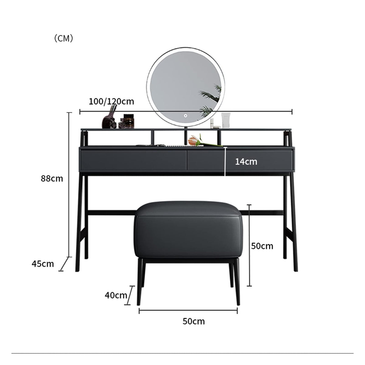 Grey Vanity Table Set with Mirror and Stool, 120 cm