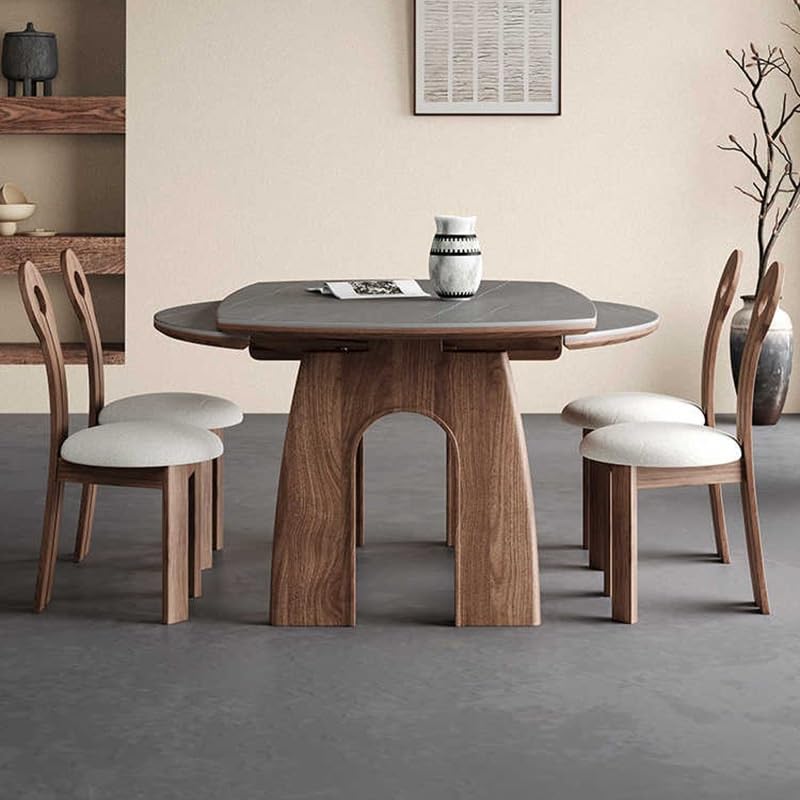 Extendable Wood Dining Table with Stone-Slab Top