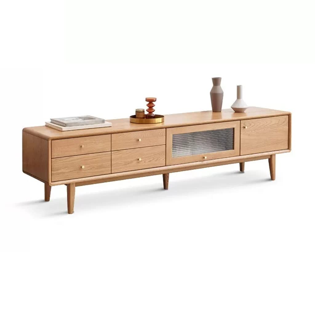 Oak Media Console with Drawer Storage and Cable Holes