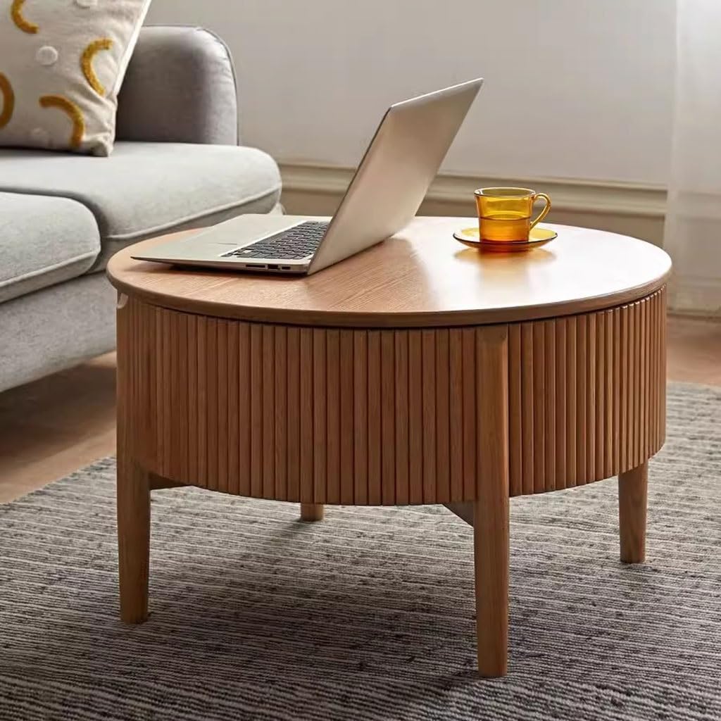 Round Oak Height-Adjustable Coffee Table, 70 cm