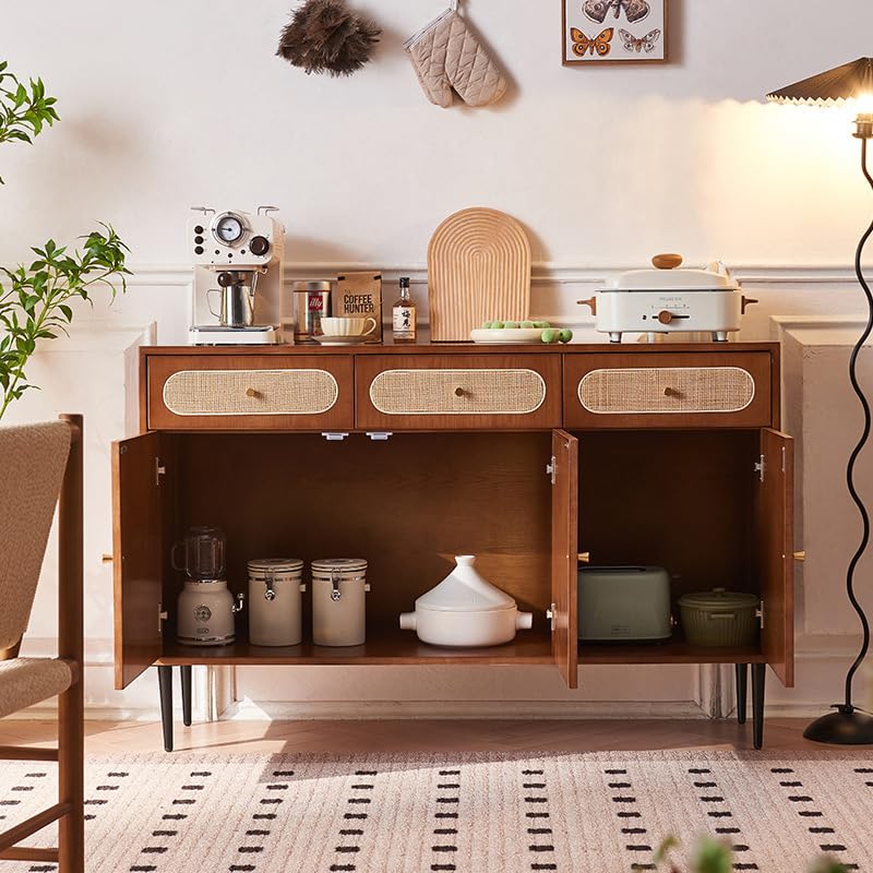 Wood and Rattan Sideboard, 140 x 40 x 90 cm