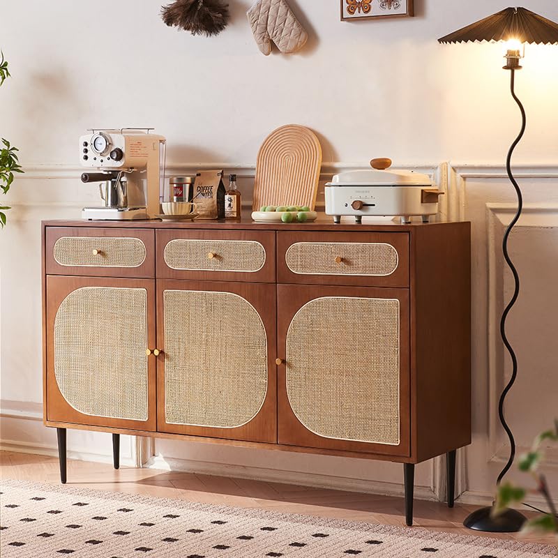 Wood and Rattan Sideboard, 140 x 40 x 90 cm