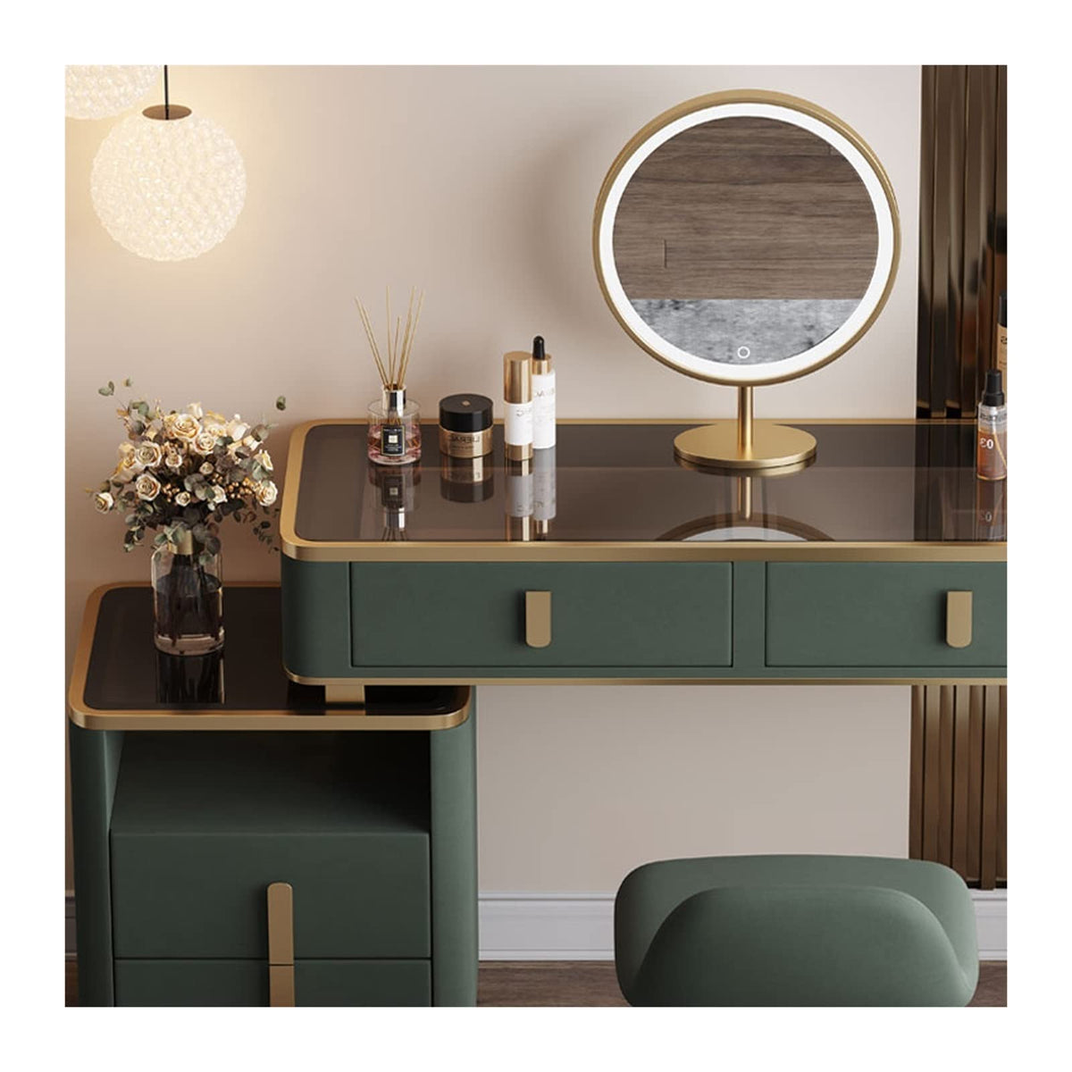 Green and Gold Vanity Set with LED Mirror and Stool