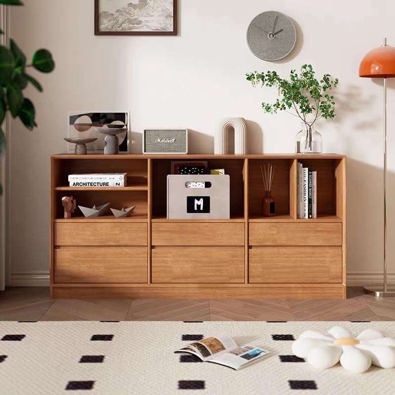 Wooden Storage Cabinet with Drawers and Open Compartments