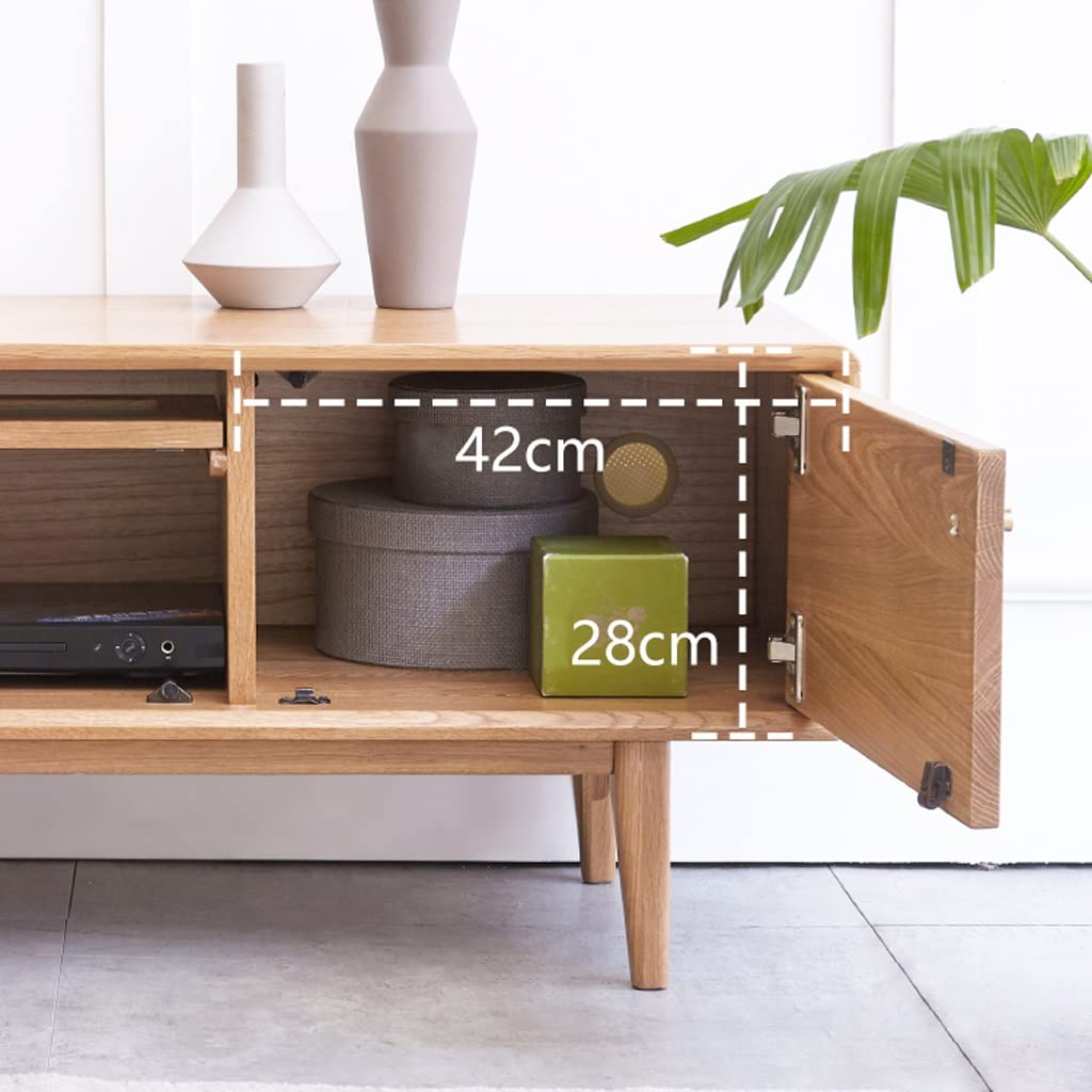 Oak Media Console with Drawer Storage and Cable Holes
