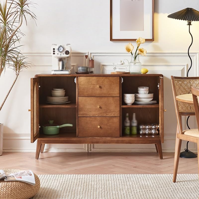 Wood and Rattan Sideboard, 130 x 40 x 84 cm