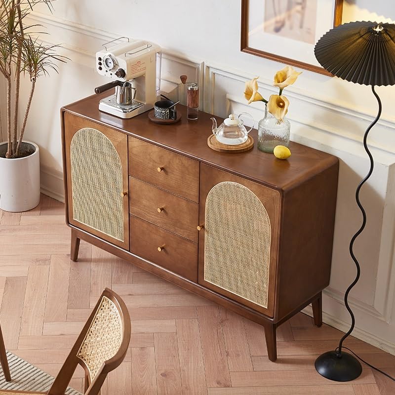 Wood and Rattan Sideboard, 130 x 40 x 84 cm