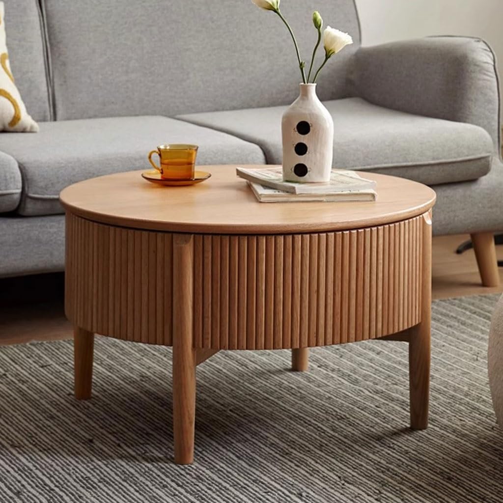 Round Oak Height-Adjustable Coffee Table, 70 cm