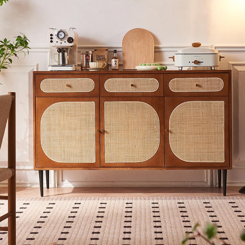 Wood and Rattan Sideboard, 140 x 40 x 90 cm