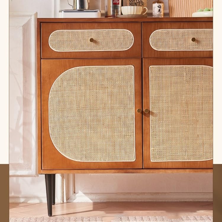 Wood and Rattan Sideboard, 140 x 40 x 90 cm