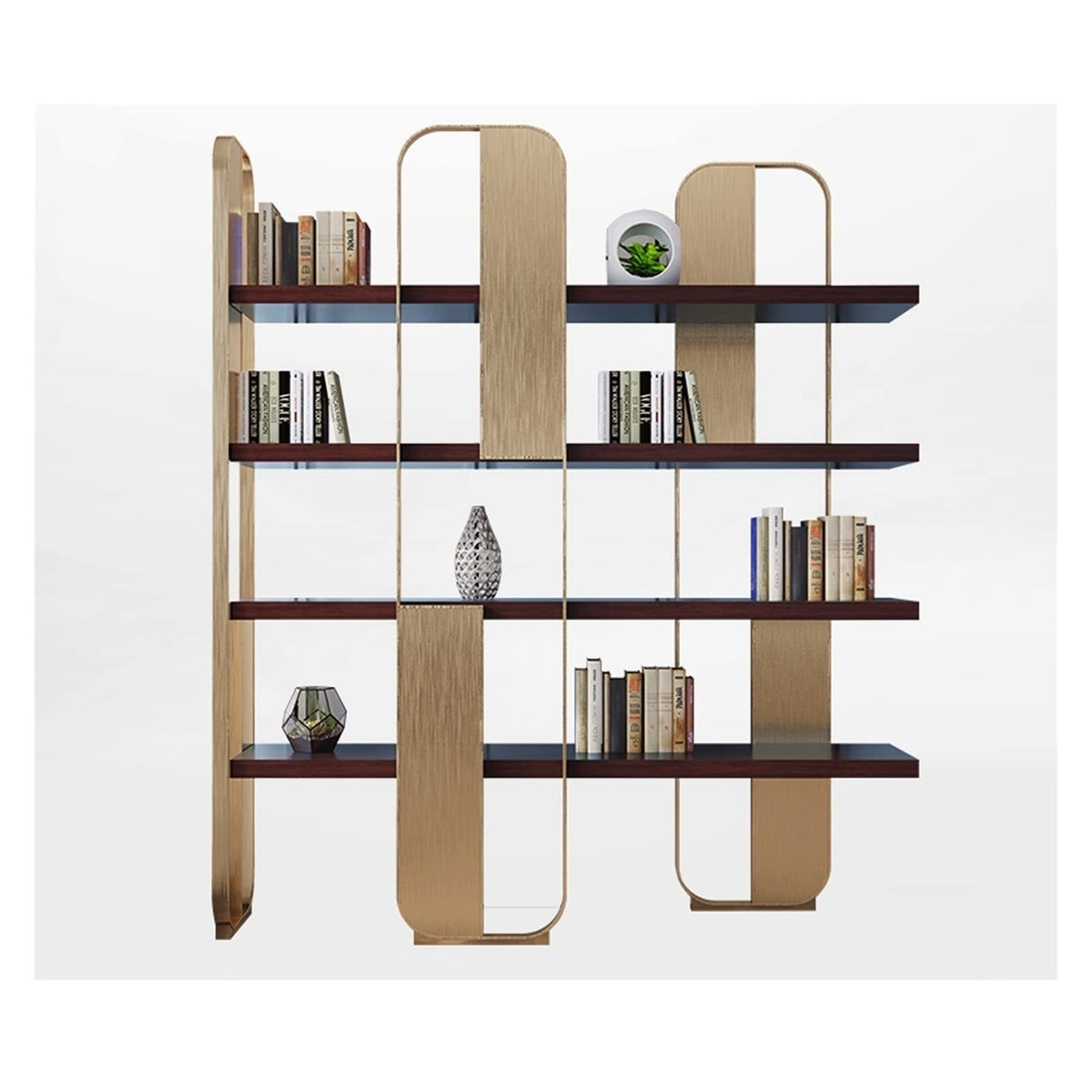 Stainless Steel and Wood Open Display Bookcase