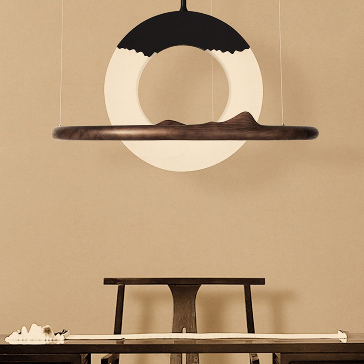 Wood and Metal LED Chandelier, 80 cm Diameter
