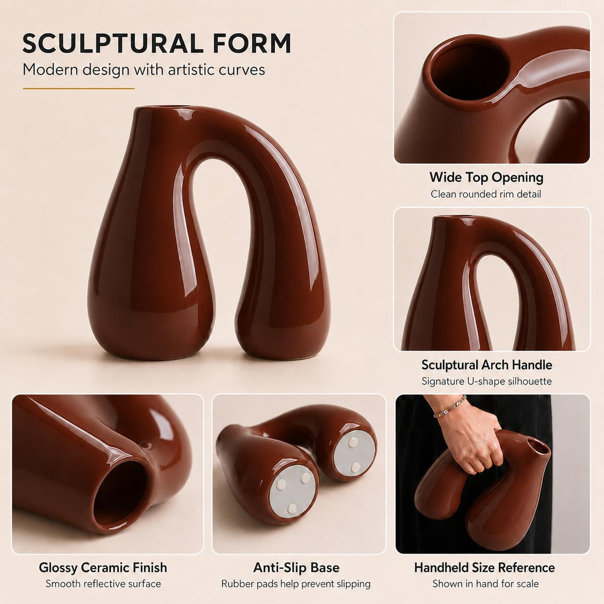 Ceramic Arch-Handle Vase, 7.5 in