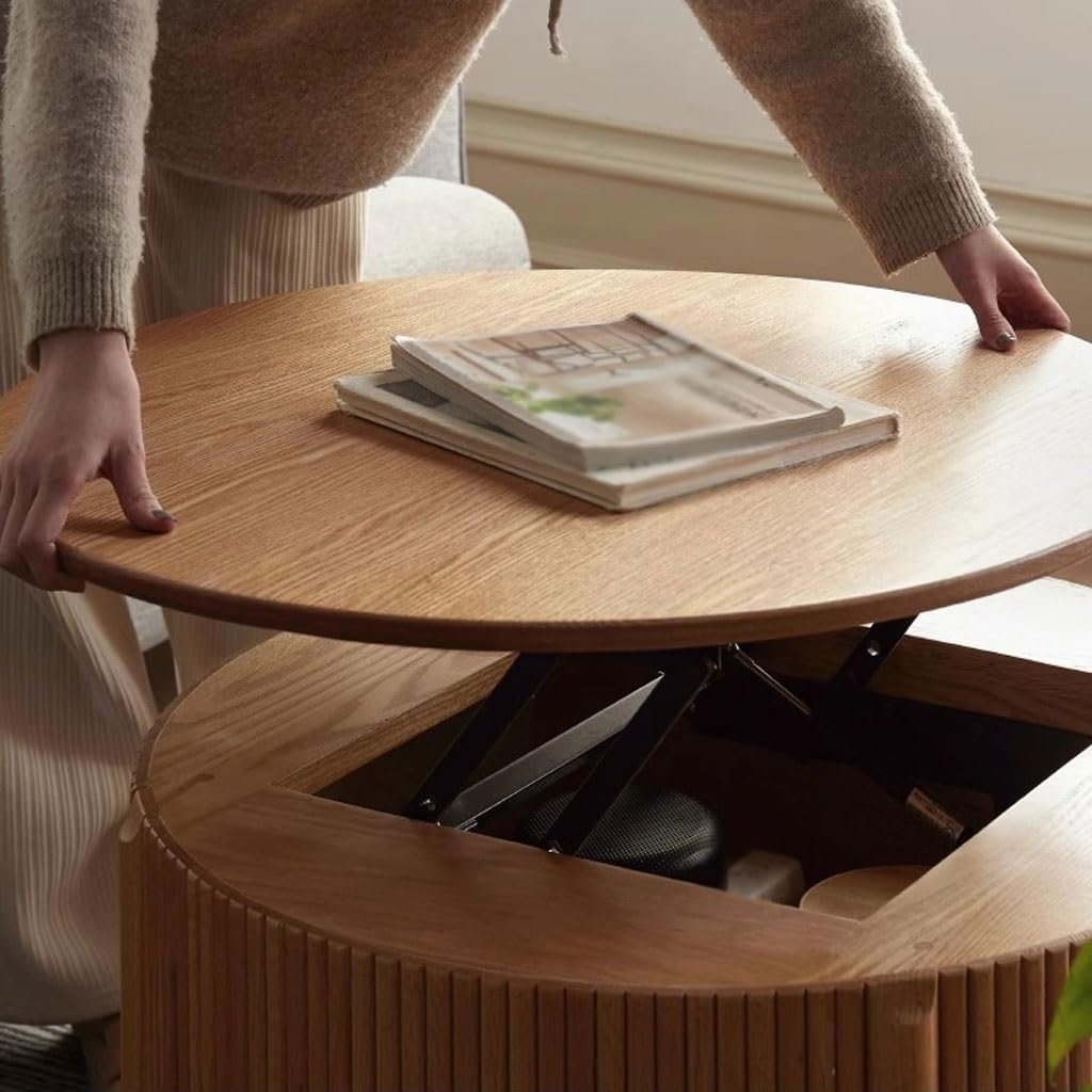 Round Oak Height-Adjustable Coffee Table, 70 cm