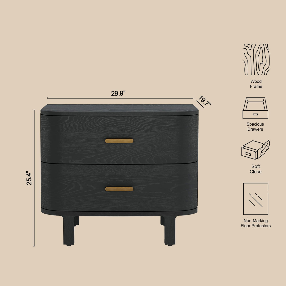 Solid Wood Nightstand with Two Soft-Close Drawers