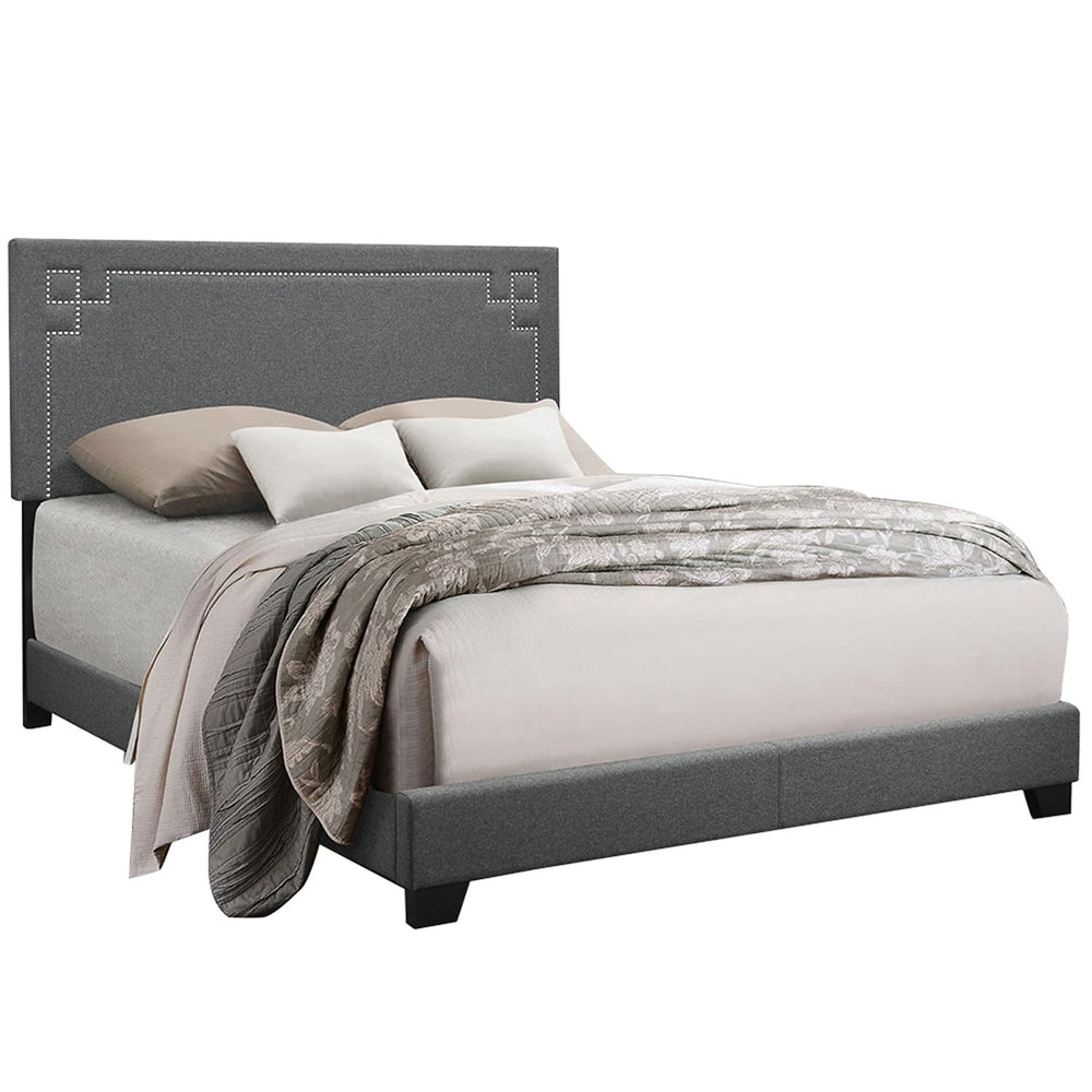 Grey Upholstered Platform Bed Frame with Slats