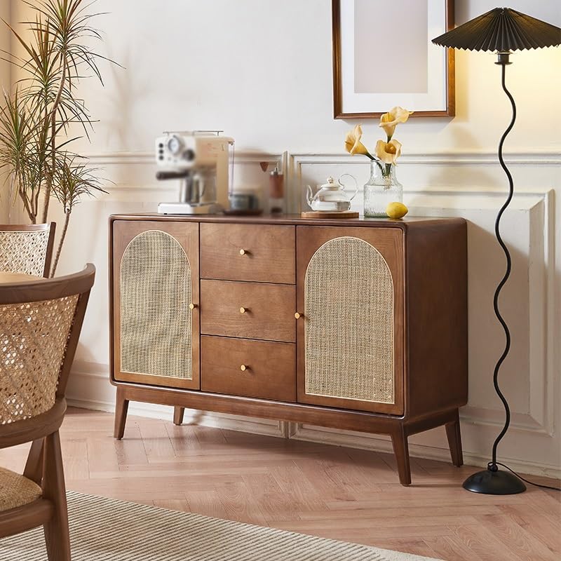 Wood and Rattan Sideboard, 130 x 40 x 84 cm