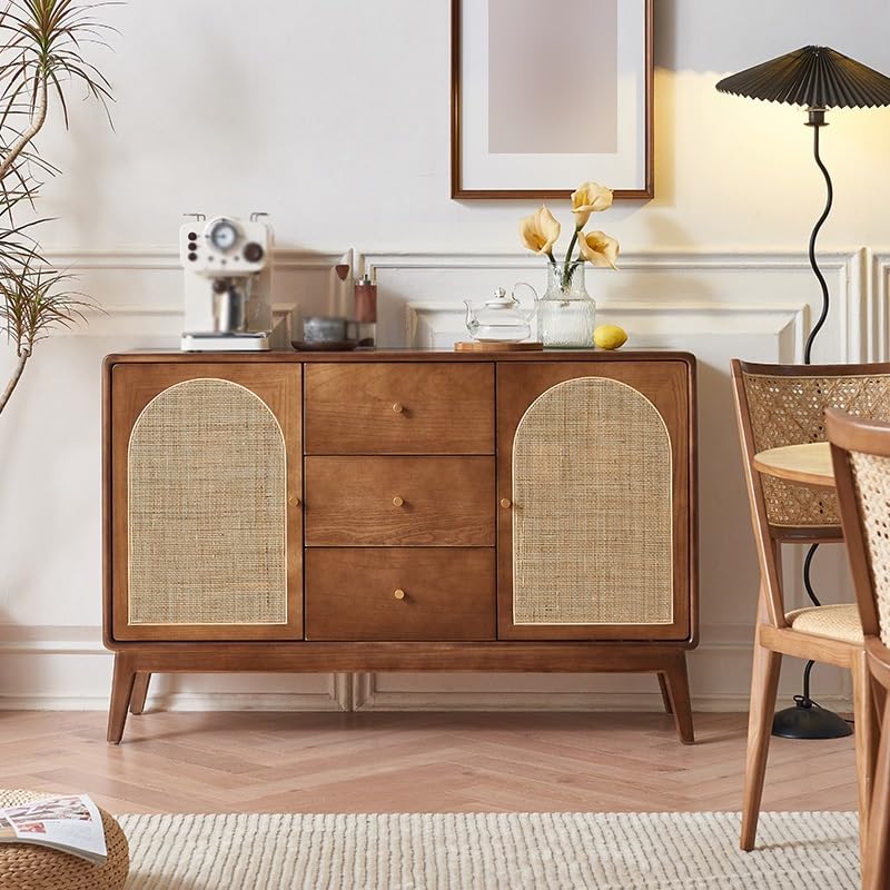 Wood and Rattan Sideboard, 130 x 40 x 84 cm