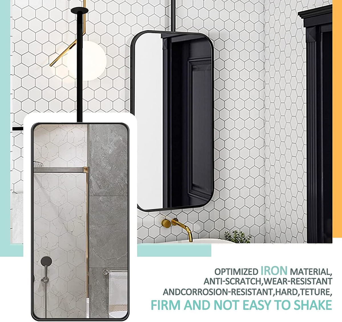 Black Metal-Frame Hanging Mirror, 60 x 100 cm