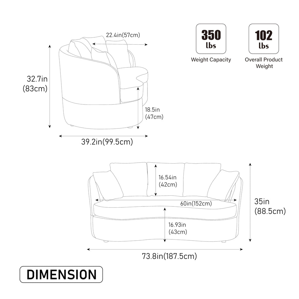 Curved Chenille Loveseat with Removable Cushions