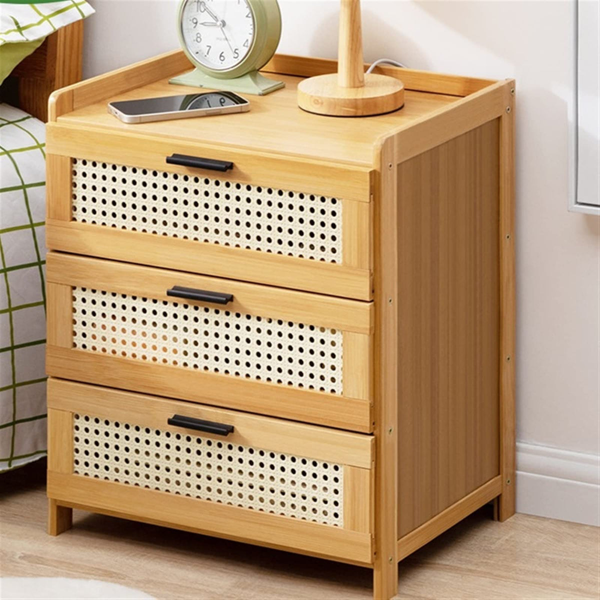 Nightstand with Drawer, Open Storage and Adjustable Feet