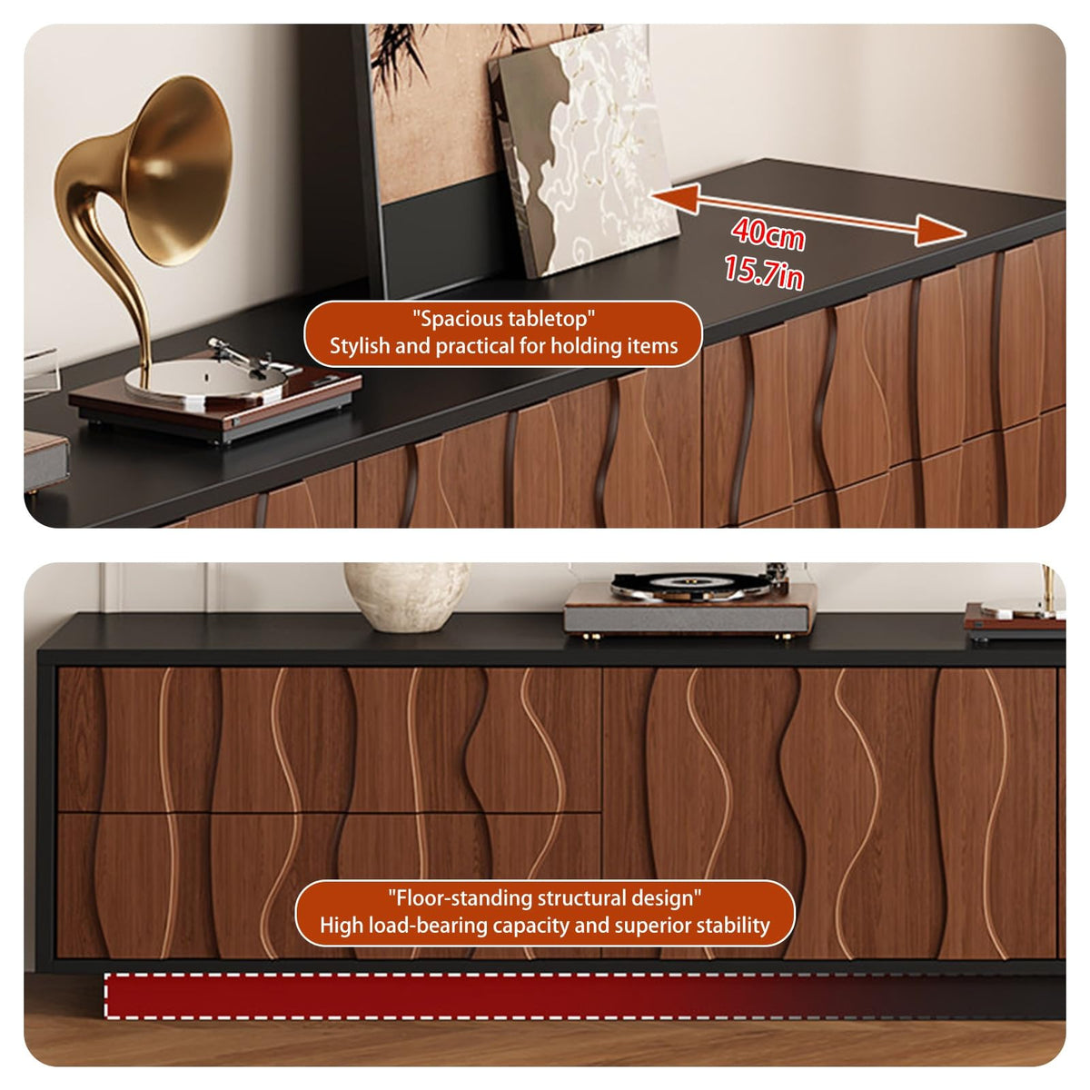 Wavy-Panel Media Console with Concealed Storage