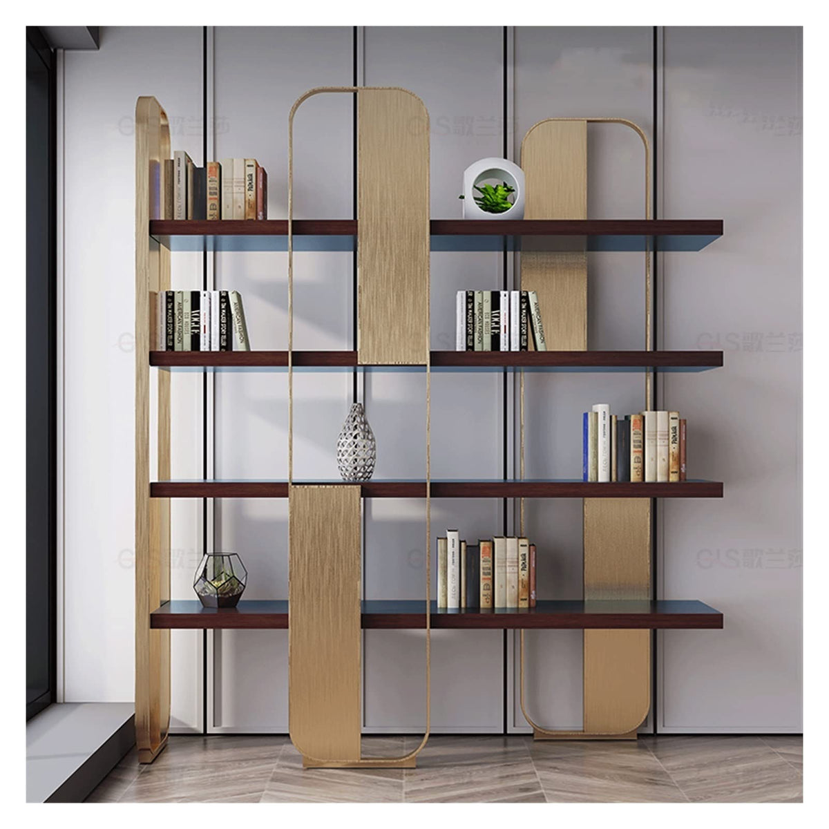 Stainless Steel and Wood Open Display Bookcase