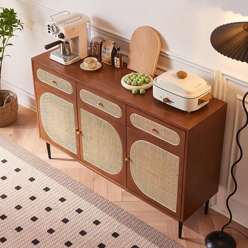 Wood and Rattan Sideboard, 140 x 40 x 90 cm