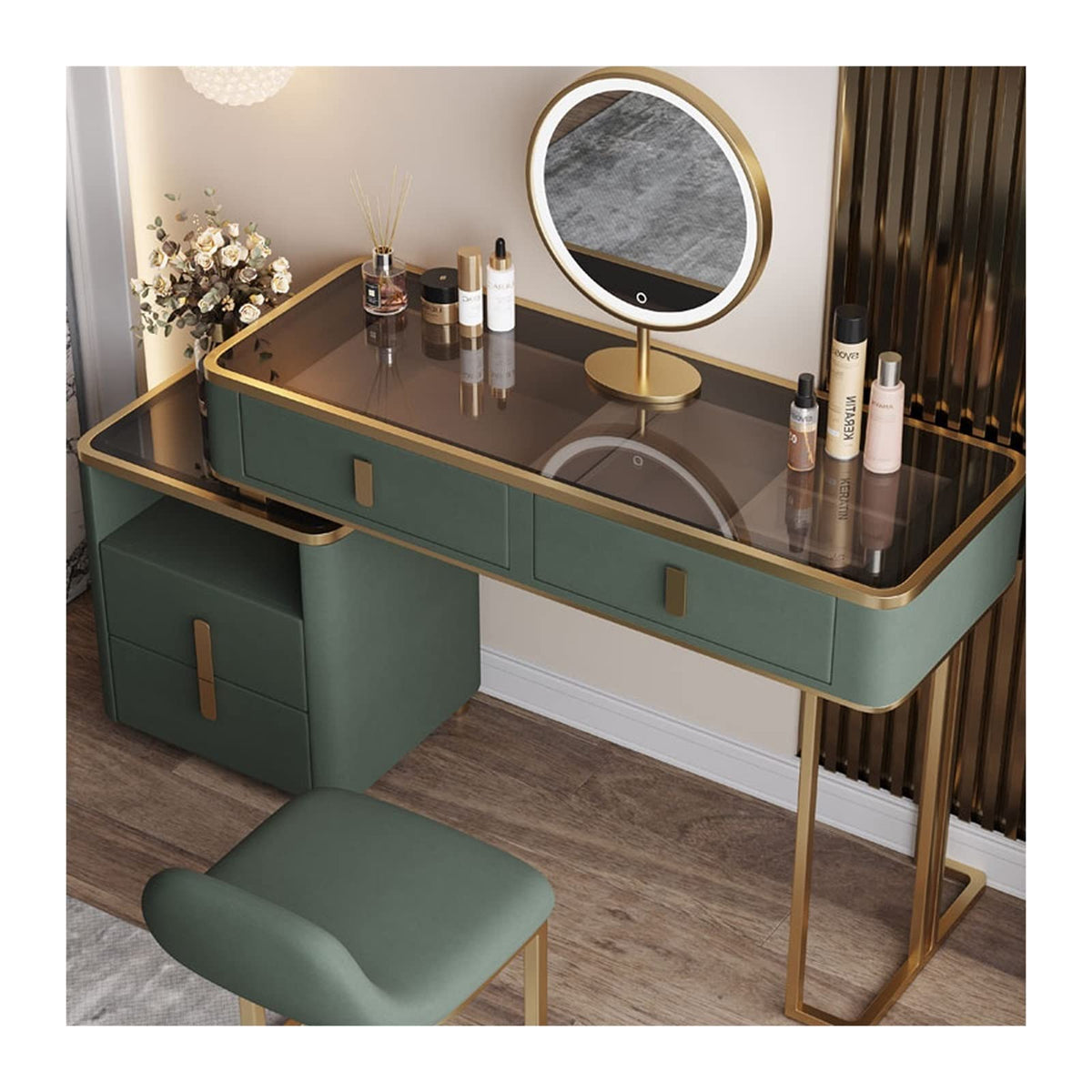 Green and Gold Vanity Set with LED Mirror and Stool
