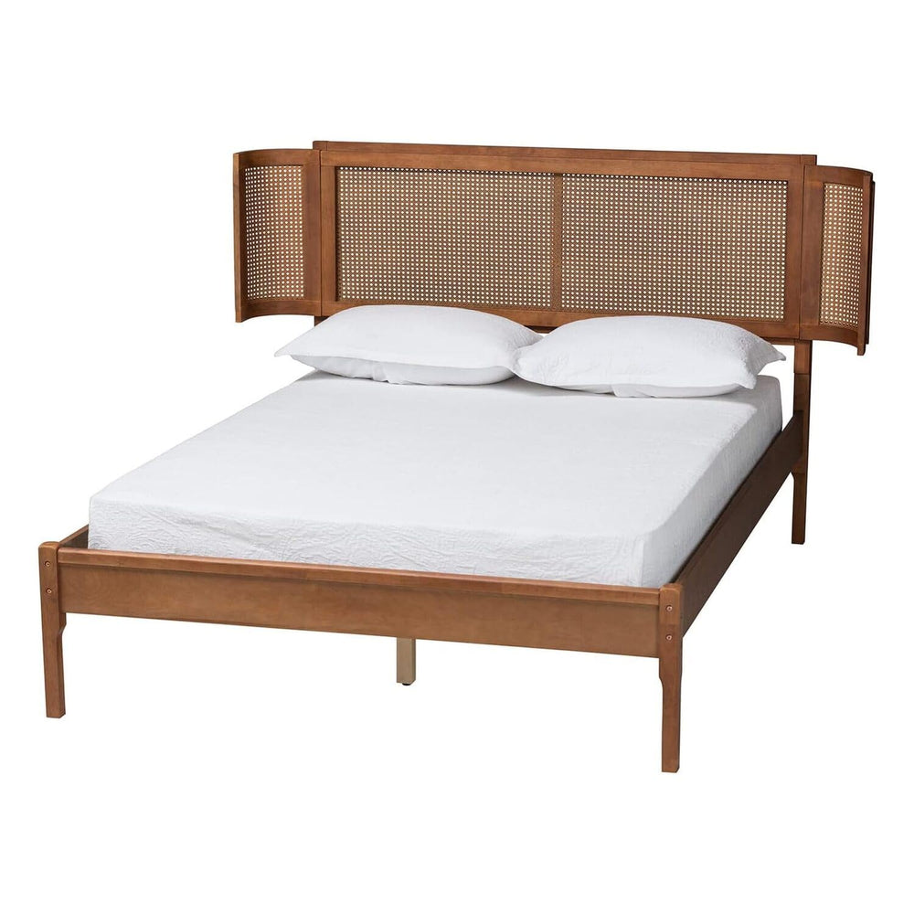 Wood and Rattan Platform Bed with Rounded Headboard