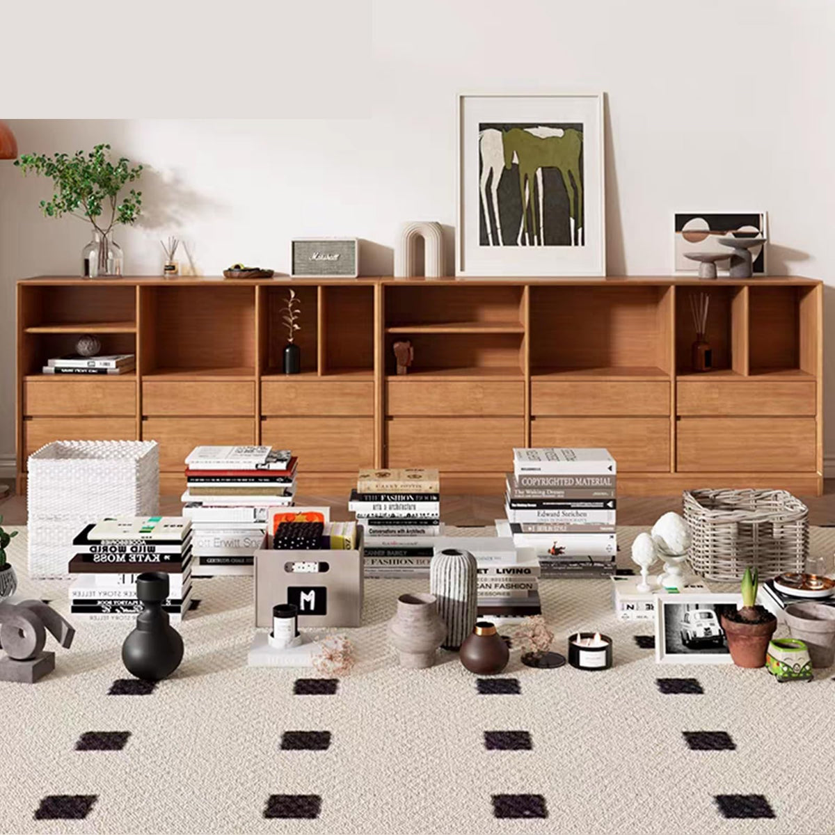 Wooden Storage Cabinet with Drawers and Open Compartments
