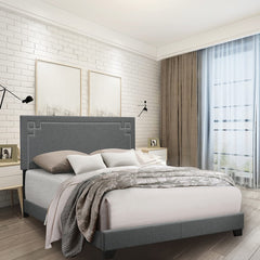Grey Upholstered Platform Bed Frame with Slats