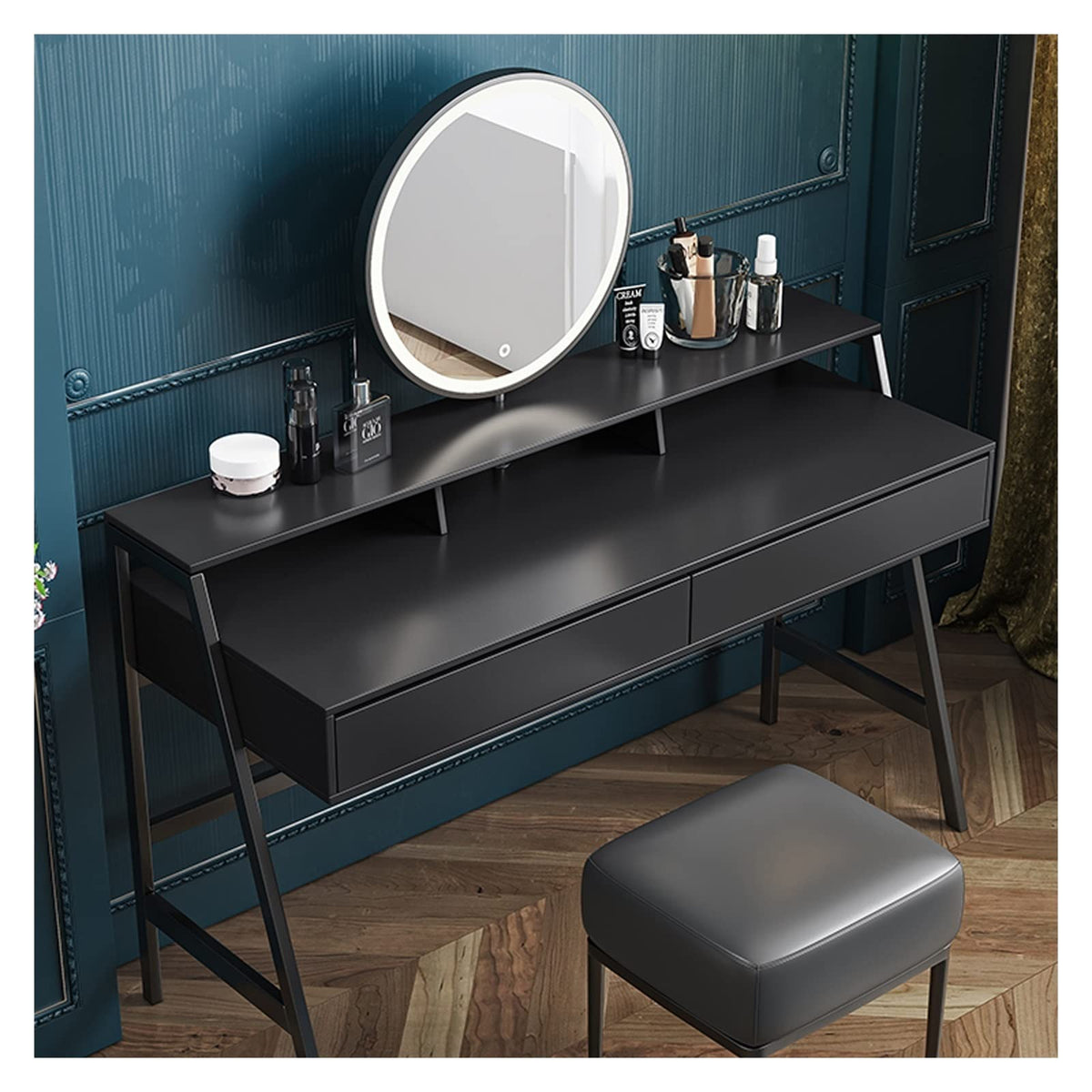 Grey Vanity Table Set with Mirror and Stool, 120 cm