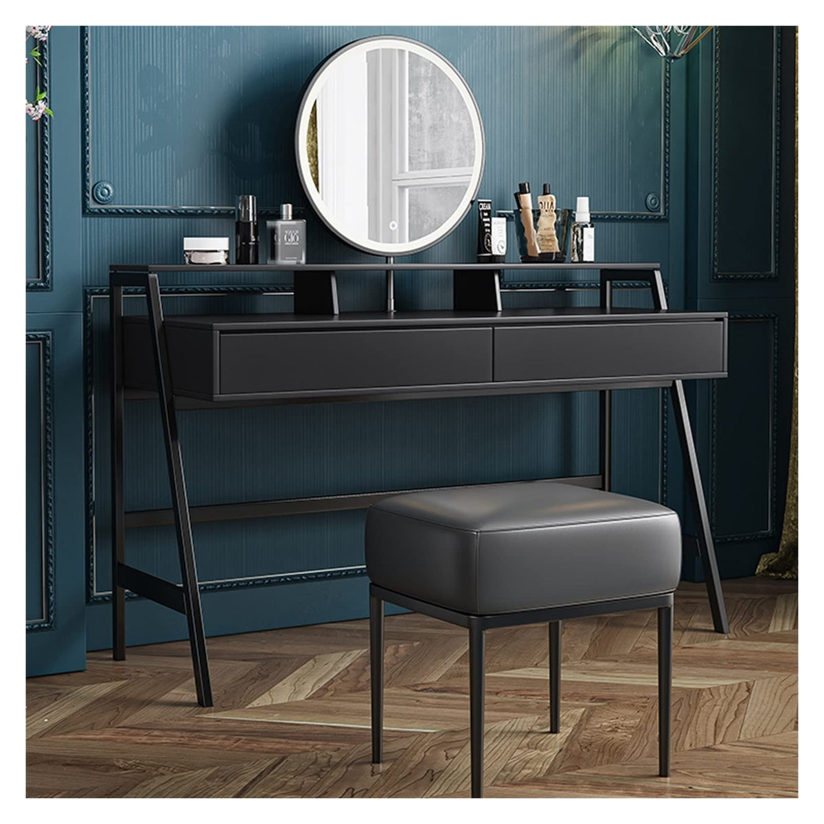 Grey Vanity Table Set with Mirror and Stool, 120 cm