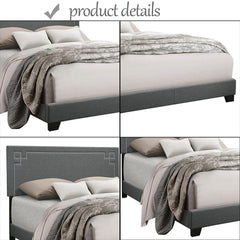 Grey Upholstered Platform Bed Frame with Slats