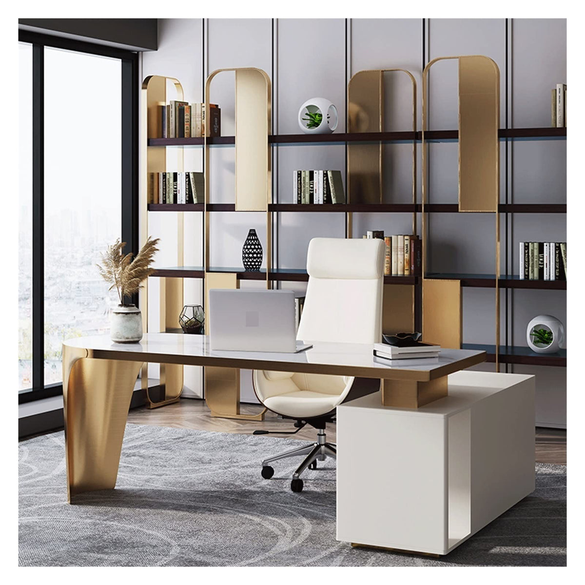 Stainless Steel and Wood Open Display Bookcase