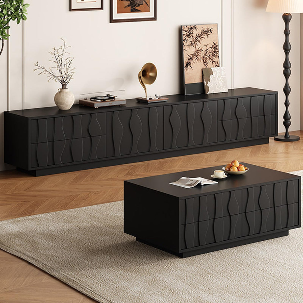 Wavy-Panel Media Console with Concealed Storage