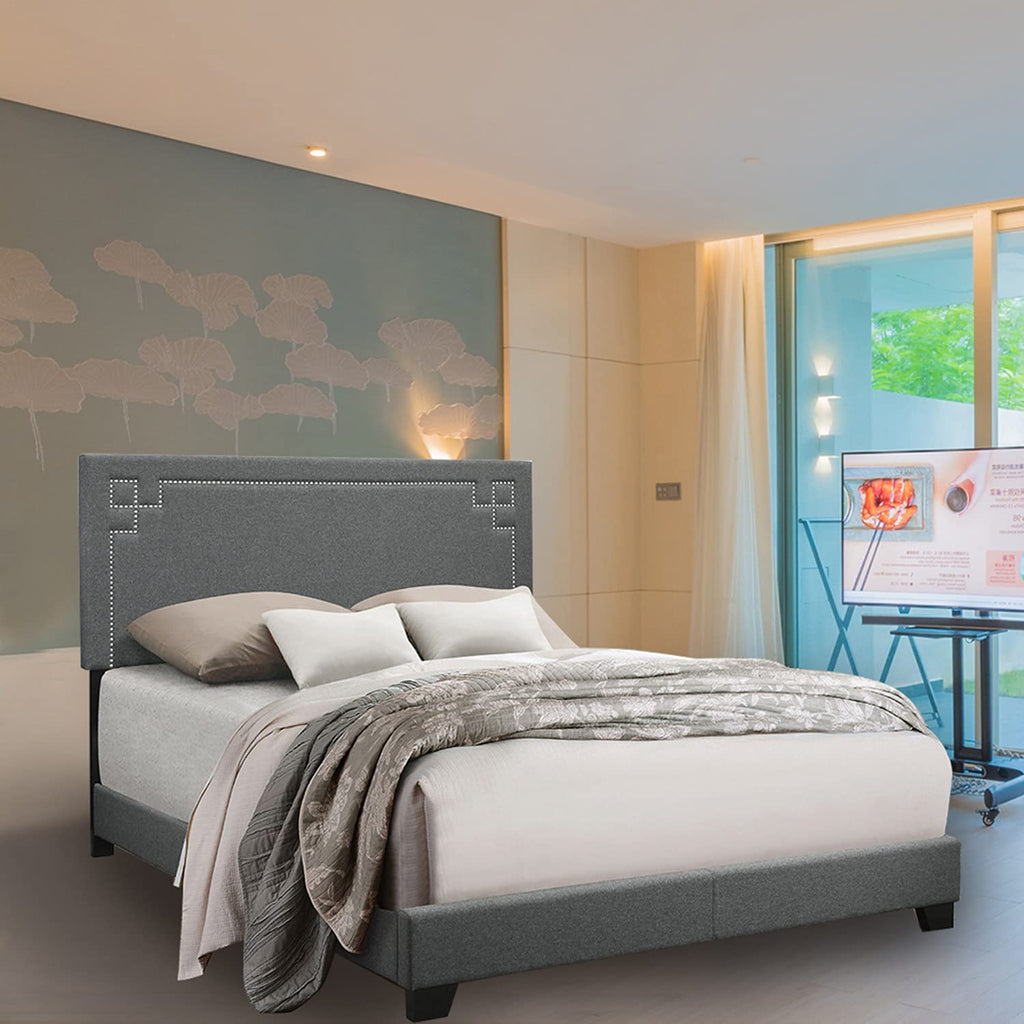 Grey Upholstered Platform Bed Frame with Slats