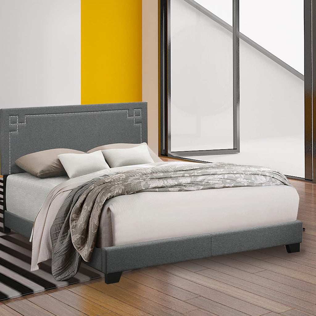 Grey Upholstered Platform Bed Frame with Slats