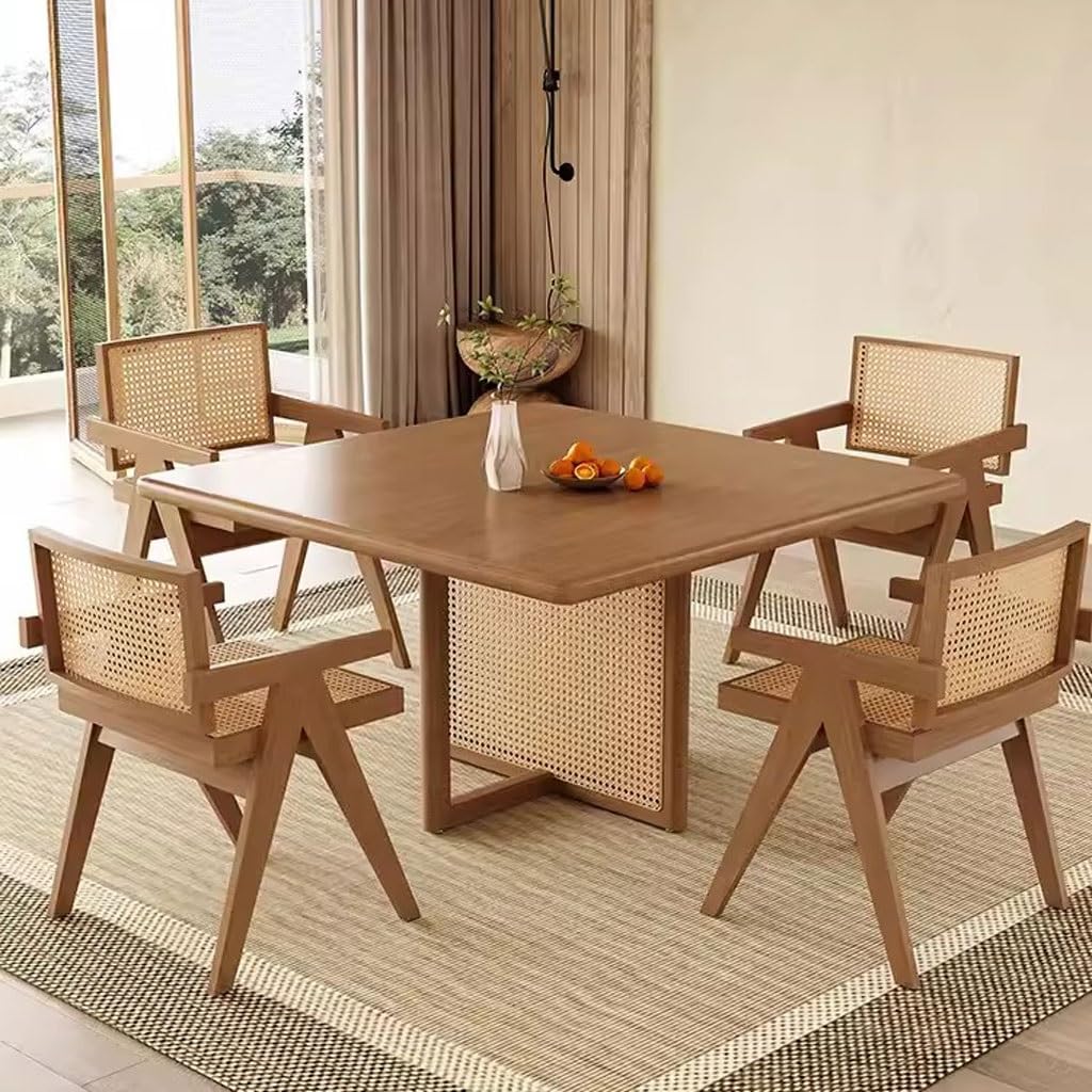 Square Wood and Rattan Dining Table, 110 cm