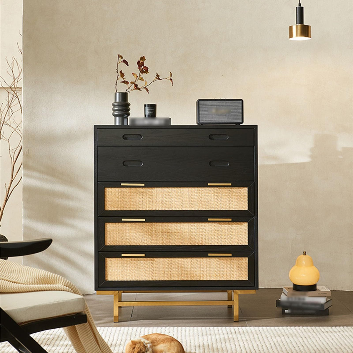 Wood and Rattan Four-Tier Drawer Chest