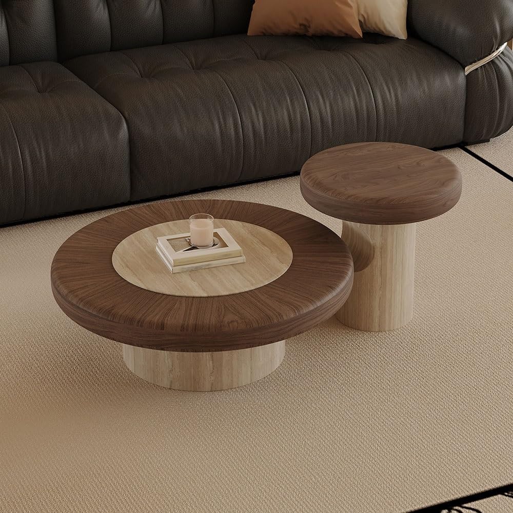 Wood-Grain Coffee Table Set with Mobile Side Table