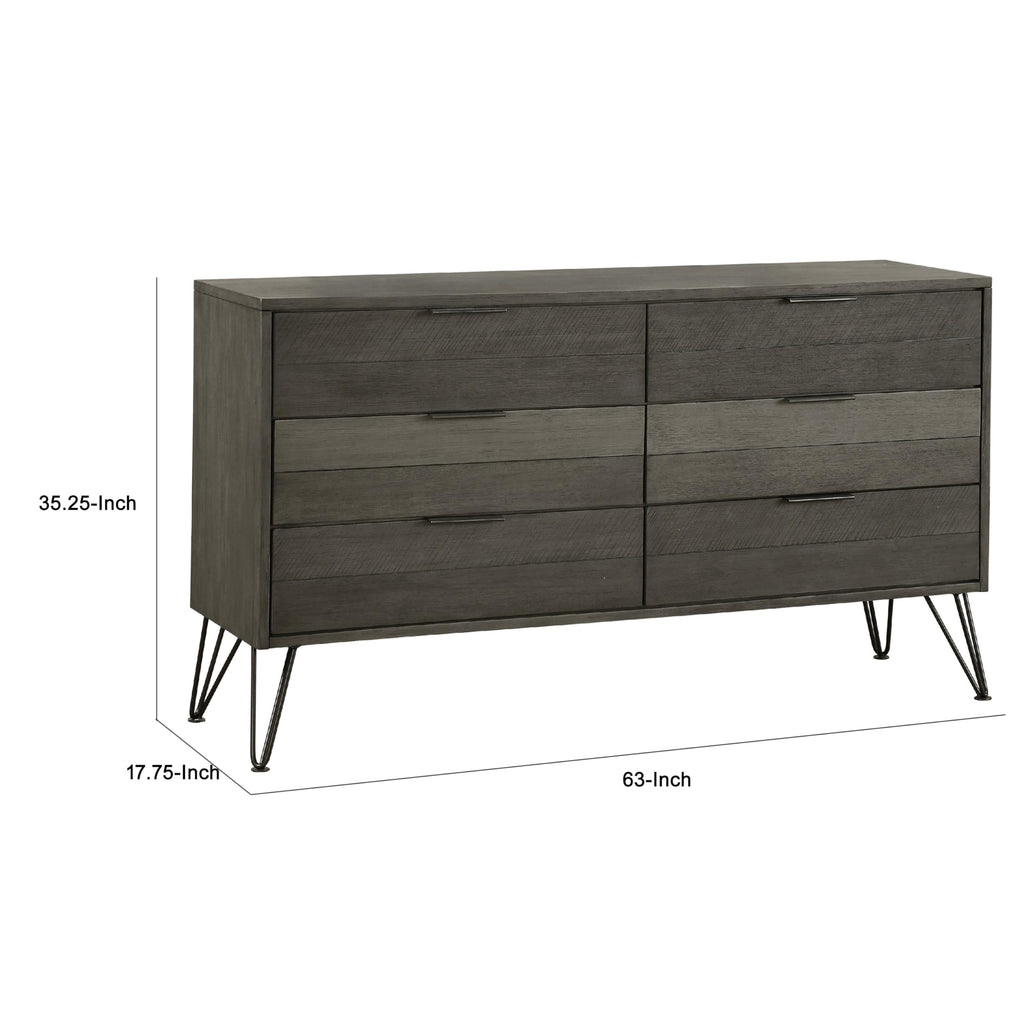 Grey Six-Drawer Dresser with Metal Hairpin Legs