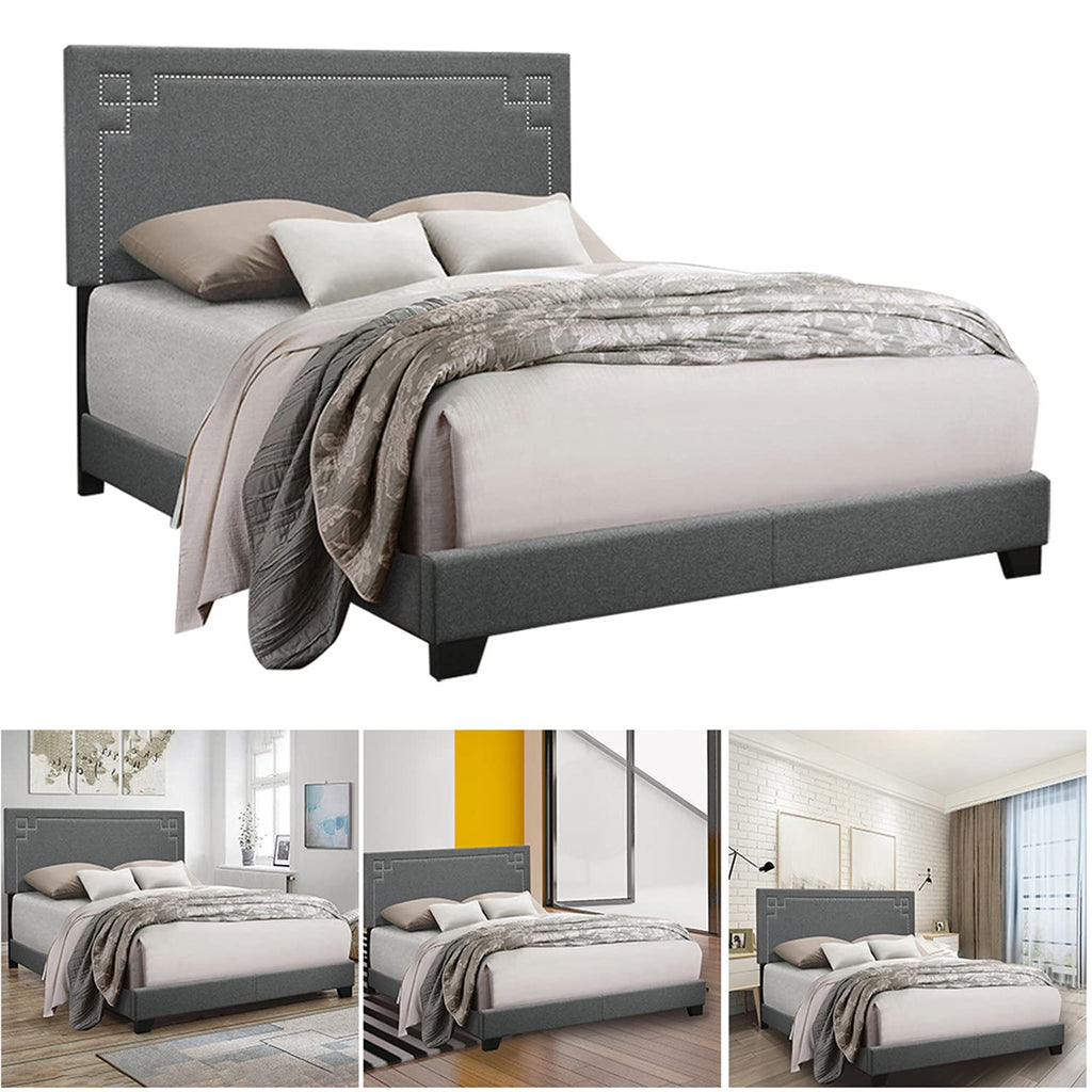 Grey Upholstered Platform Bed Frame with Slats