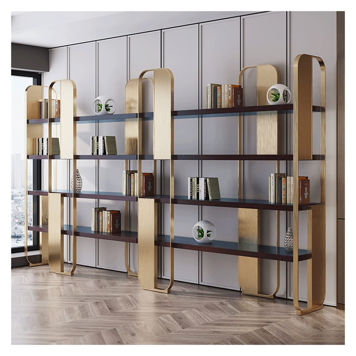 Stainless Steel and Wood Open Display Bookcase