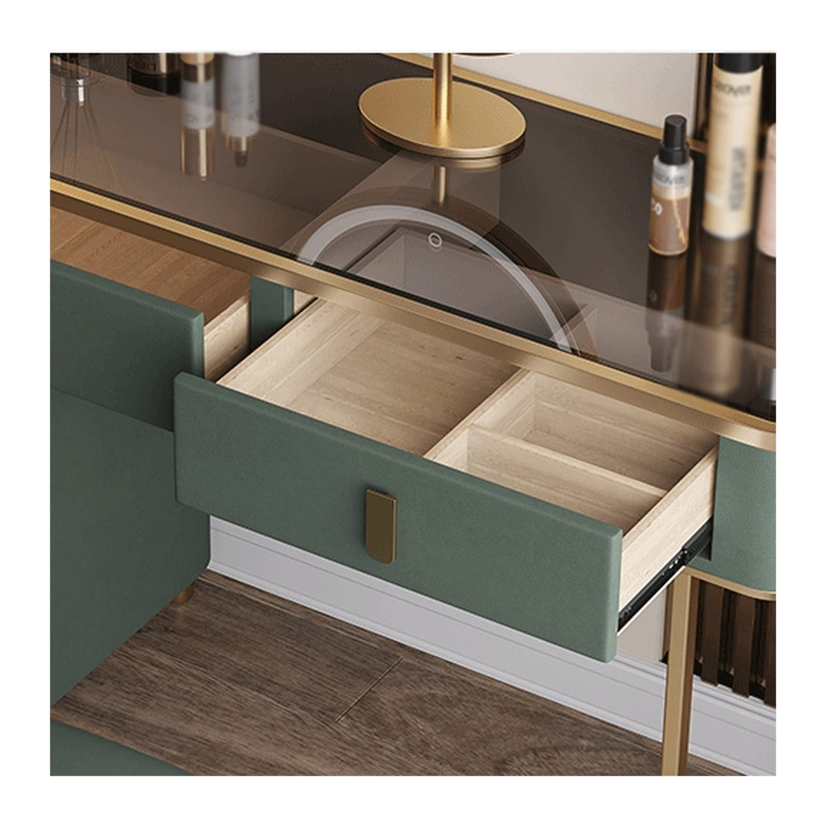 Green and Gold Vanity Set with LED Mirror and Stool