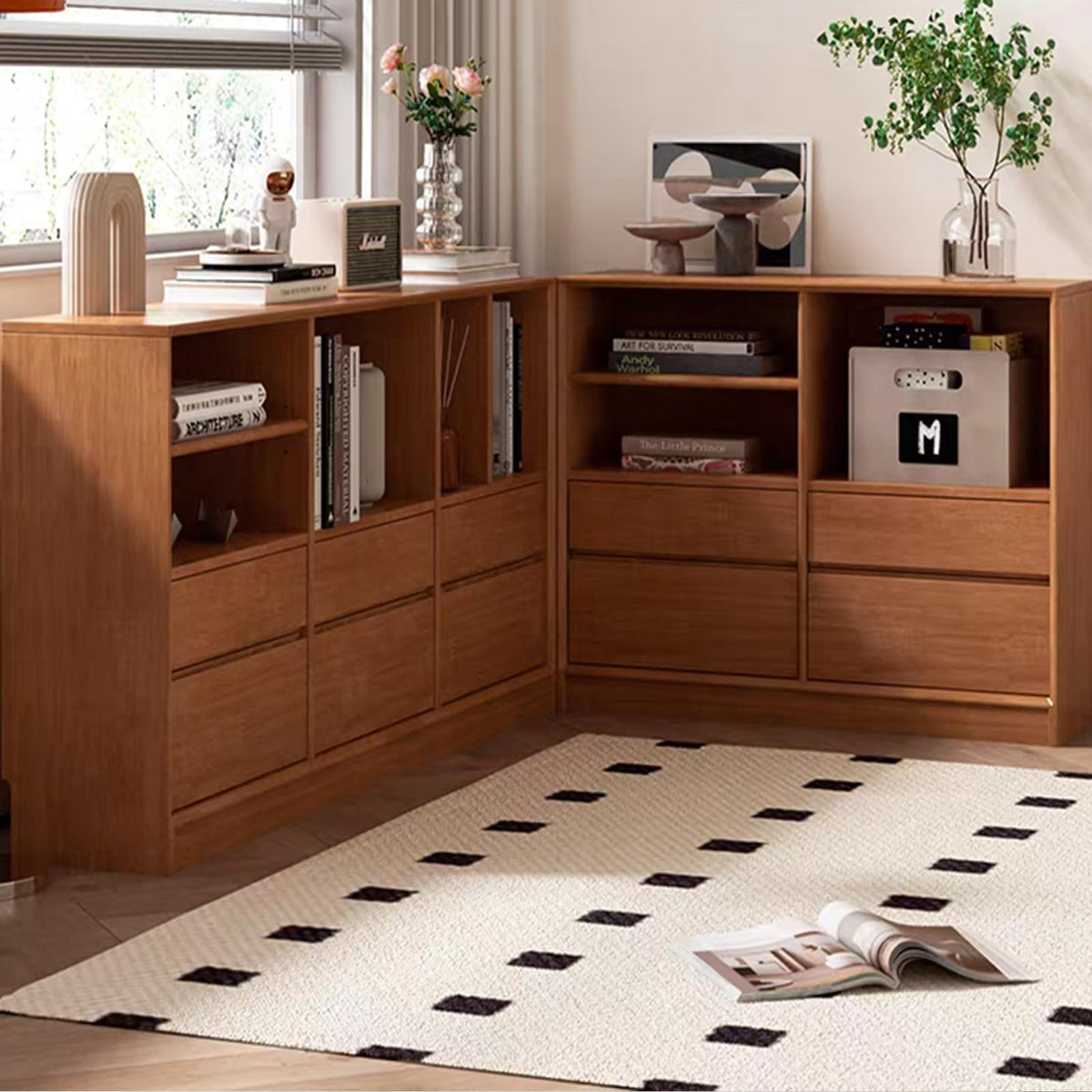 Wooden Storage Cabinet with Drawers and Open Compartments